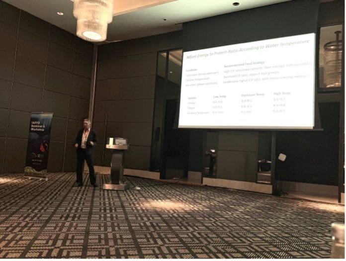 Dr. John A. Hargreaves giving a presentation about the Implications of Water Quality and Production System Type and Intensity on Formulation of Aquafeeds